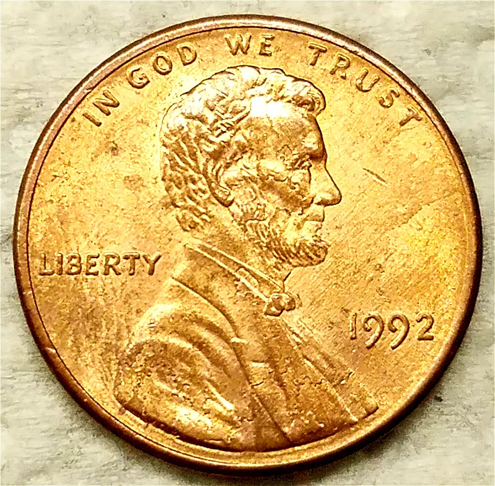 1992-P-Lincoln-Cent-Plating-Error-At-Face,-Beard,-Shirt-Collar-On-Obverse?